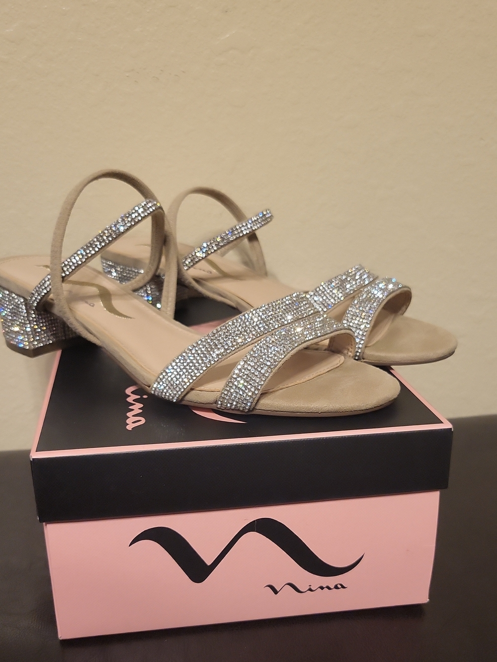 Nina Taupe Crystal-Strap Low Block Heel Sandals